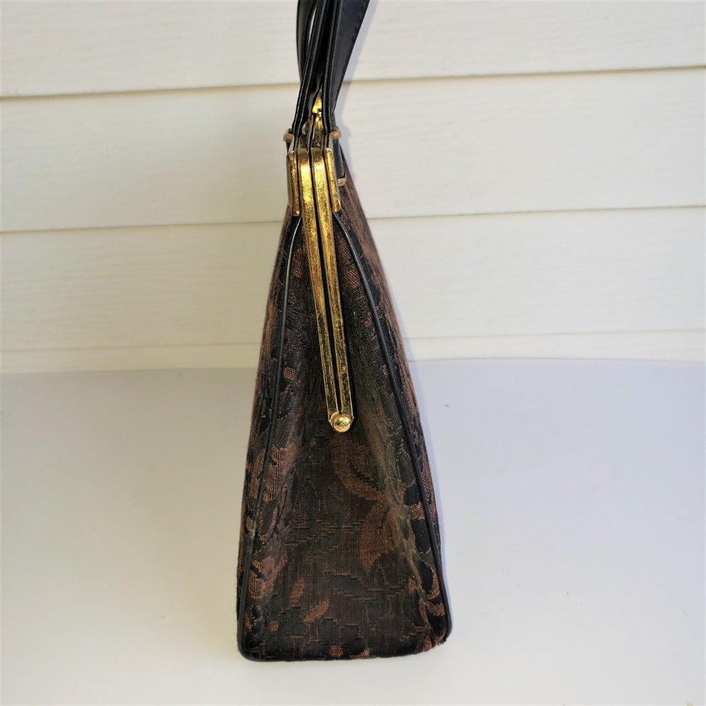 Vintage 50s/60s Brown Floral Tapestry Leather Top Handle Handbag - Picture 5 of 11